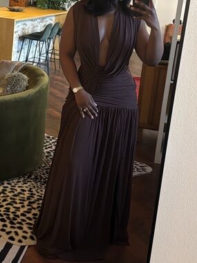 Sleeveless Plunging Maxi Dress in Chocolate Brown